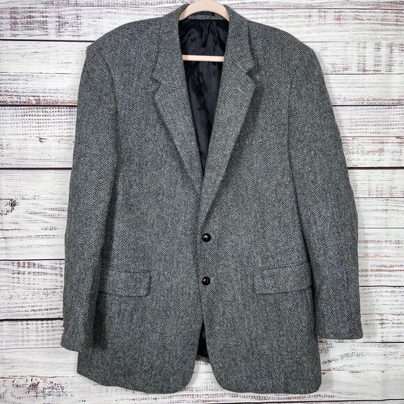 Harris Tweed Herringbone Wool Sport Coat Blazer Jacket Gray Blue 2 Button 44L - Picture 2 of 16